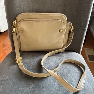 Minooy Bali Light Beige Leather 3 Layer Crossbody Handbag